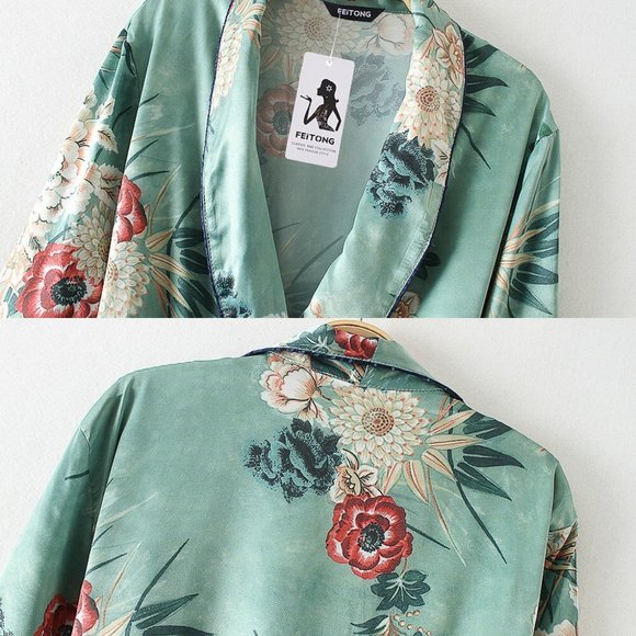 Floral Green Print Long Kimono Jacket Coat Women's - Picture 14 of 16